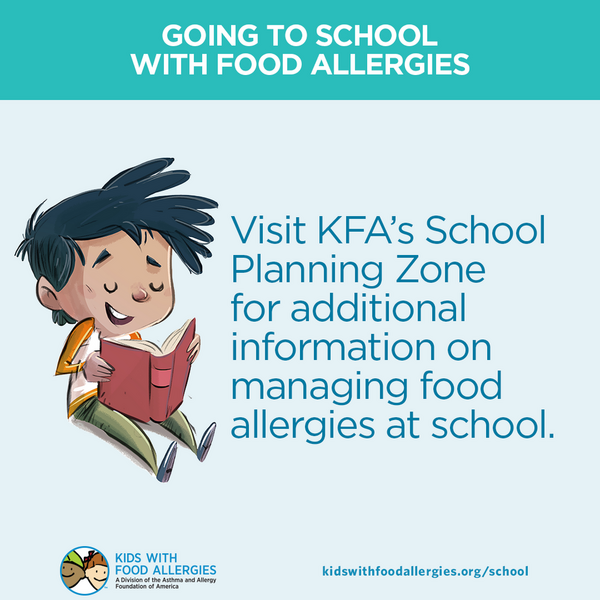 一幅漫画，一个孩子正在阅读一本书，上面写着:访问KFA的学校规划区，获取关于学校管理食物过敏的额外信息。