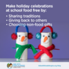 一张两个雪人的照片，上面写着:通过分享传统，回馈他人，选择非食物礼物，让学校的节日庆祝活动免费提供食物。一张两个雪人的图片，上面写着:通过分享传统、回馈他人和选择非食物礼物，让学校的节日庆祝活动不提供食物。