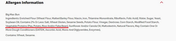 成分列表的麦当劳汉堡面包下列单词下划线:植物蛋白(豌豆、马铃薯、大米和/或蚕豆)