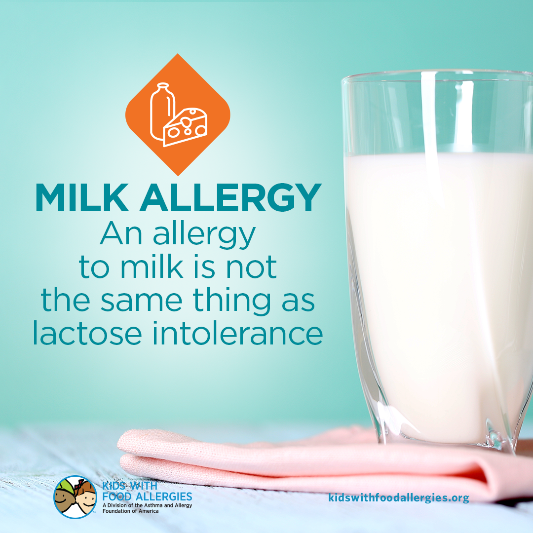 一杯牛奶的图片上写着:牛奶过敏——对牛奶过敏和乳糖不耐症不是一回事